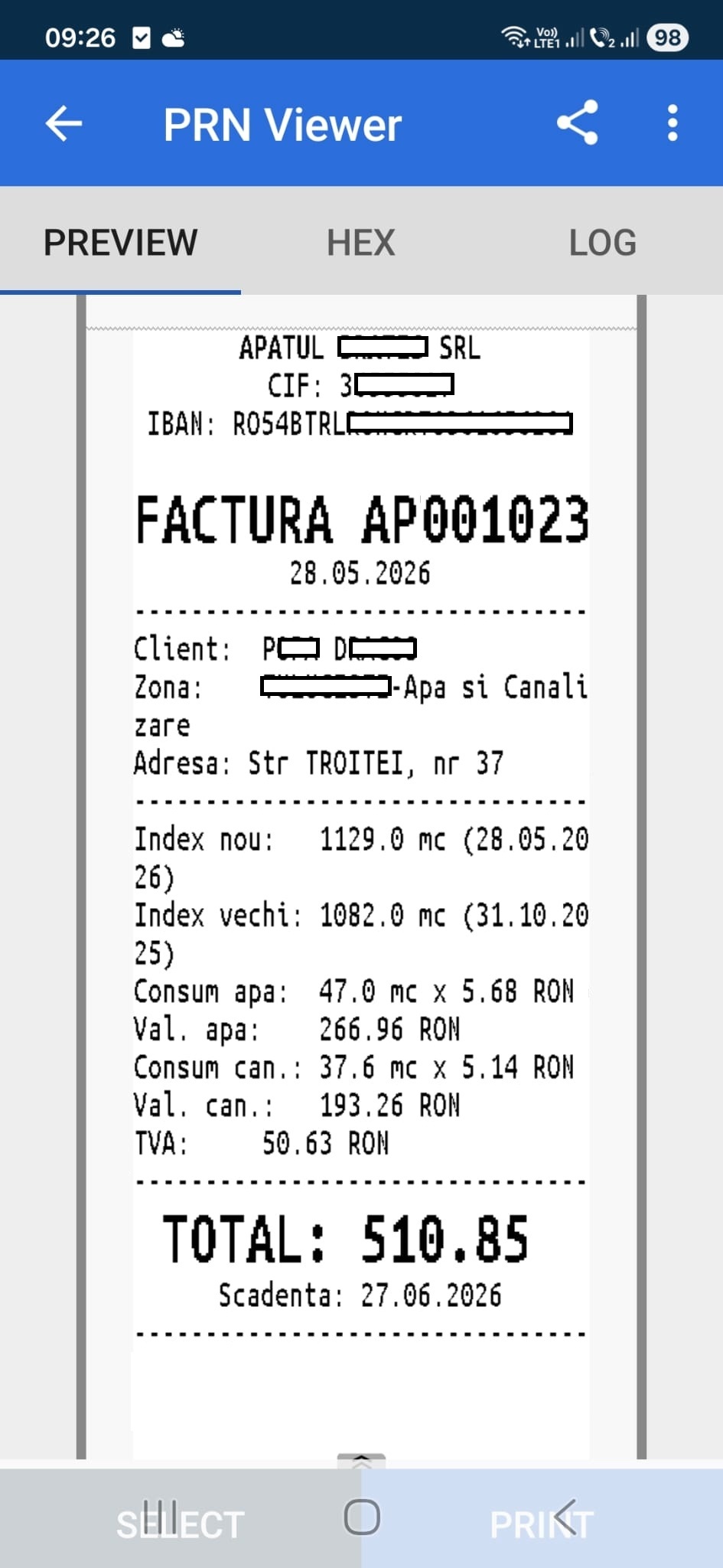 Exemplu chitanta tiparita pe imprimanta portabila
